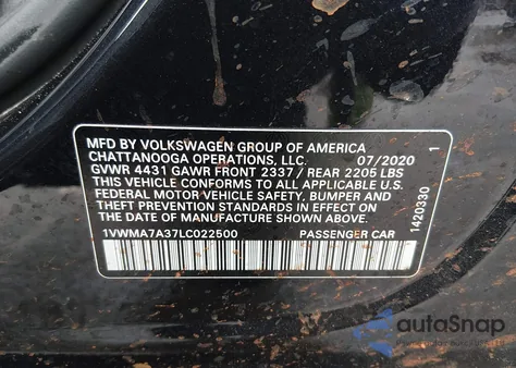 2020 Volkswagen Passat 2.0T R-Line z USA, uszkodzony, nr VIN 1VWMA7A37LC022500